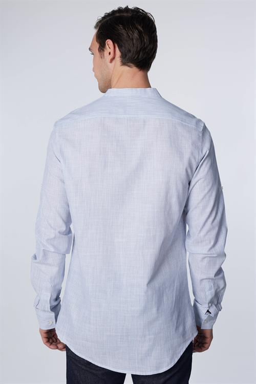 Erkek Slim Fit Dar Kesim Uzun Kollu %100 Pamuk Keten Doku Çizgili Hakim Yaka Gömlek