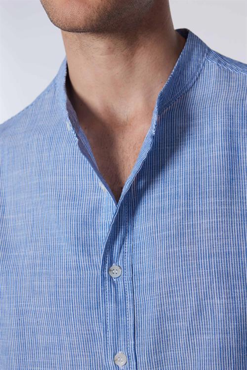 Erkek Slim Fit Dar Kesim Uzun Kollu %100 Pamuk Keten Doku Çizgili Hakim Yaka Gömlek