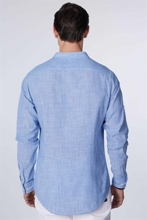 Erkek Slim Fit Dar Kesim Uzun Kollu %100 Pamuk Keten Doku Çizgili Hakim Yaka Gömlek