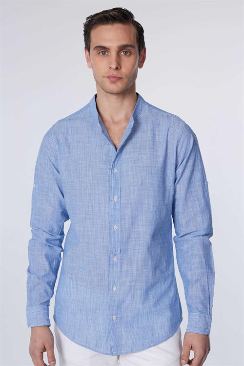 Erkek Slim Fit Dar Kesim Uzun Kollu %100 Pamuk Keten Doku Çizgili Hakim Yaka Gömlek