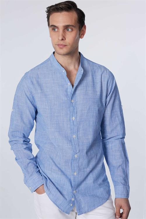 Erkek Slim Fit Dar Kesim Uzun Kollu %100 Pamuk Keten Doku Çizgili Hakim Yaka Gömlek