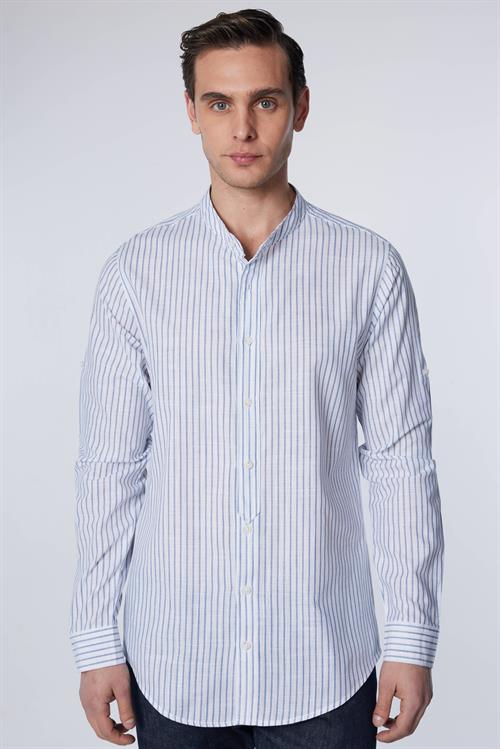 Erkek Slim Fit Dar Kesim Uzun Kollu %100 Pamuk Keten Doku Çizgili Hakim Yaka Gömlek