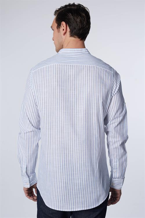 Erkek Slim Fit Dar Kesim Uzun Kollu %100 Pamuk Keten Doku Çizgili Hakim Yaka Gömlek