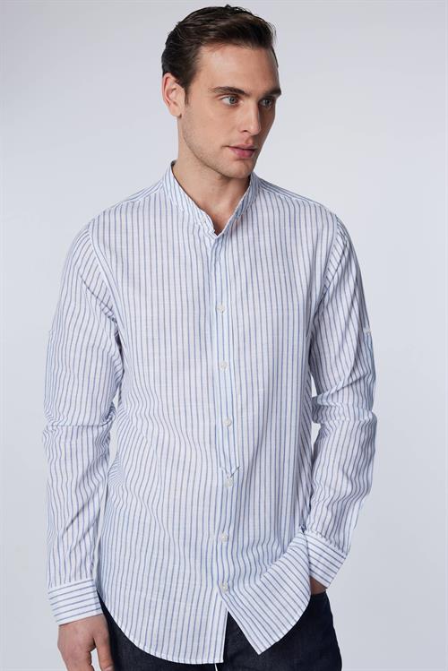 Erkek Slim Fit Dar Kesim Uzun Kollu %100 Pamuk Keten Doku Çizgili Hakim Yaka Gömlek