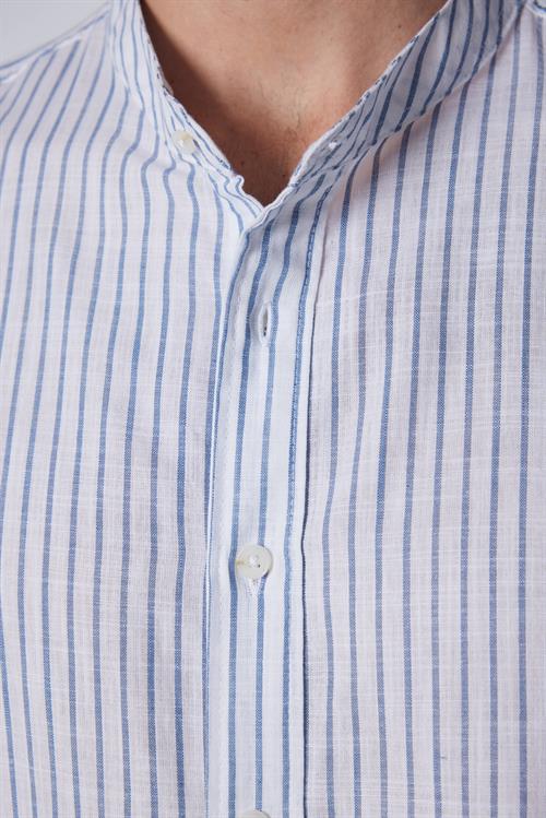 Erkek Slim Fit Dar Kesim Uzun Kollu %100 Pamuk Keten Doku Çizgili Hakim Yaka Gömlek