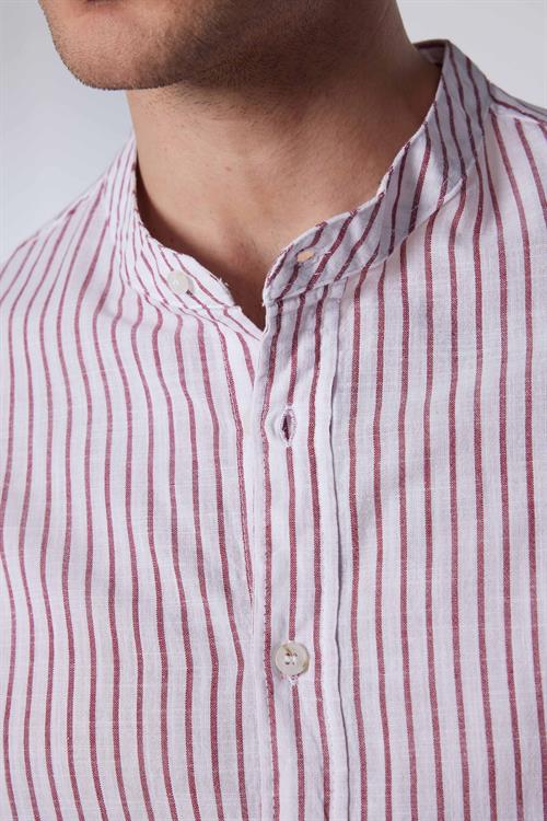 Erkek Slim Fit Dar Kesim Uzun Kollu %100 Pamuk Keten Doku Çizgili Hakim Yaka Gömlek