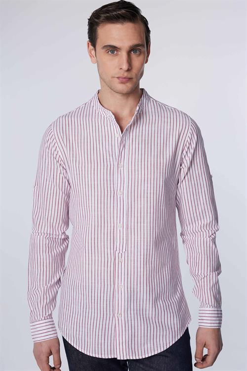 Erkek Slim Fit Dar Kesim Uzun Kollu %100 Pamuk Keten Doku Çizgili Hakim Yaka Gömlek