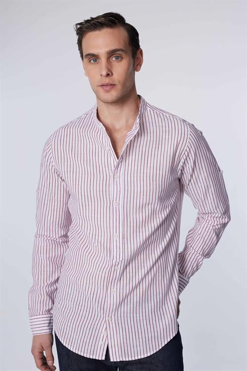 Erkek Slim Fit Dar Kesim Uzun Kollu %100 Pamuk Keten Doku Çizgili Hakim Yaka Gömlek