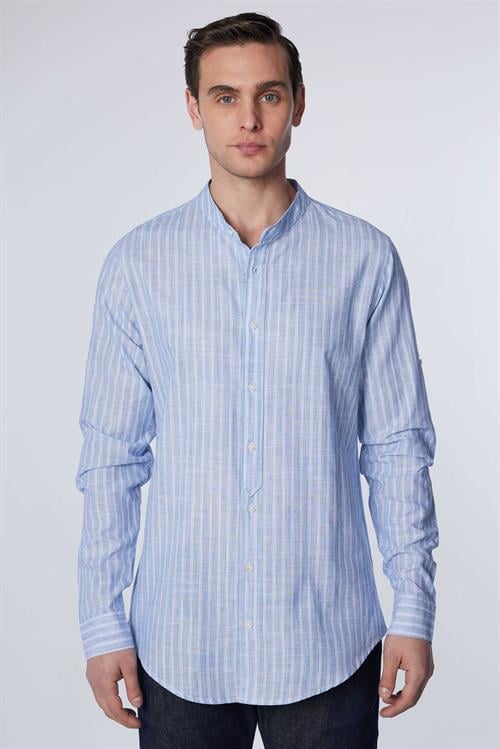 Erkek Slim Fit Dar Kesim Uzun Kollu %100 Pamuk Keten Doku Çizgili Hakim Yaka Gömlek