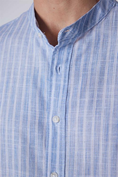 Erkek Slim Fit Dar Kesim Uzun Kollu %100 Pamuk Keten Doku Çizgili Hakim Yaka Gömlek