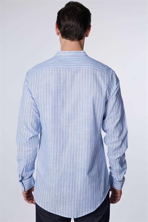 Erkek Slim Fit Dar Kesim Uzun Kollu %100 Pamuk Keten Doku Çizgili Hakim Yaka Gömlek