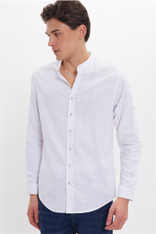 Erkek Slim Fit Dar Kesim Uzun Kollu %100 Pamuk Keten Doku Çizgili Hakim Yaka Gömlek