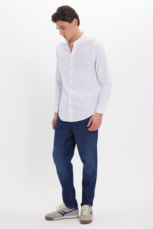Erkek Slim Fit Dar Kesim Uzun Kollu %100 Pamuk Keten Doku Çizgili Hakim Yaka Gömlek
