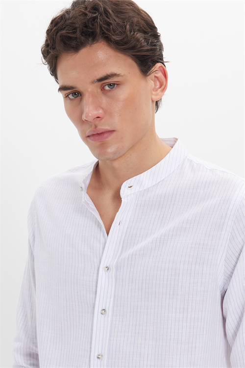 Erkek Slim Fit Dar Kesim Uzun Kollu %100 Pamuk Keten Doku Çizgili Hakim Yaka Gömlek
