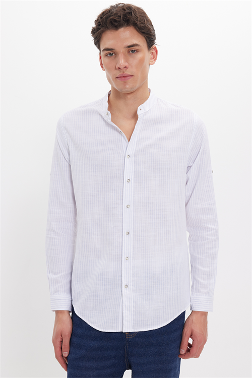 Erkek Slim Fit Dar Kesim Uzun Kollu %100 Pamuk Keten Doku Çizgili Hakim Yaka Gömlek