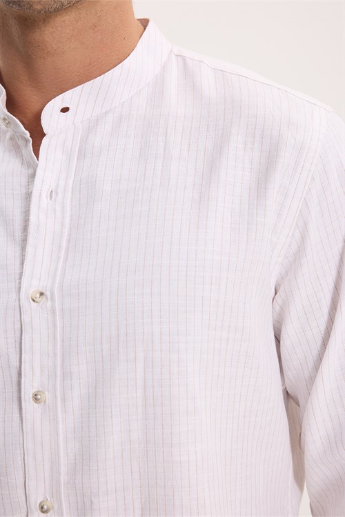 Erkek Slim Fit Dar Kesim Uzun Kollu %100 Pamuk Keten Doku Çizgili Hakim Yaka Gömlek