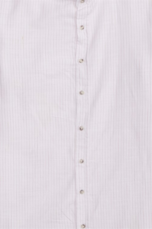 Erkek Slim Fit Dar Kesim Uzun Kollu %100 Pamuk Keten Doku Çizgili Hakim Yaka Gömlek