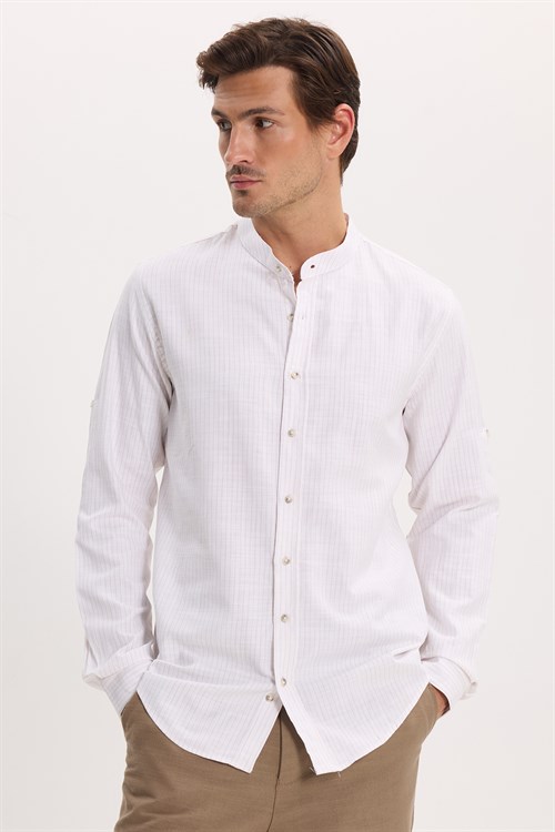 Erkek Slim Fit Dar Kesim Uzun Kollu %100 Pamuk Keten Doku Çizgili Hakim Yaka Gömlek