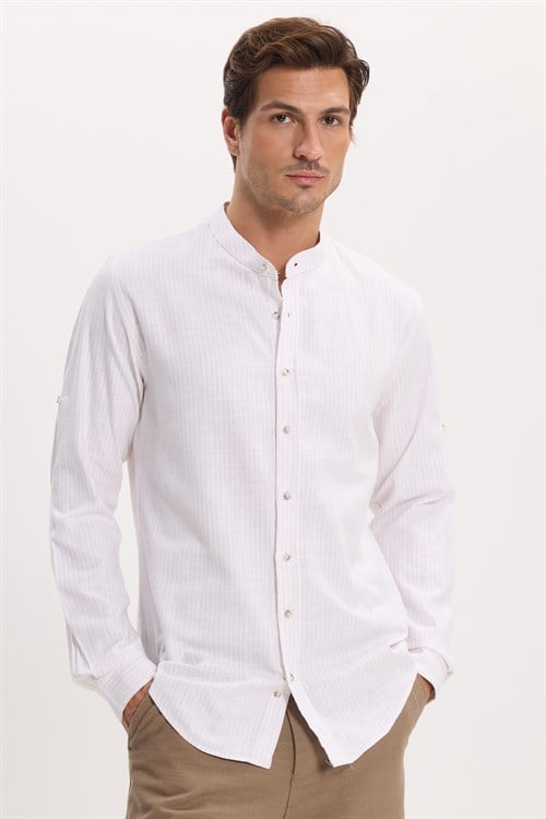 Erkek Slim Fit Dar Kesim Uzun Kollu %100 Pamuk Keten Doku Çizgili Hakim Yaka Gömlek