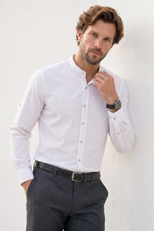 Erkek Slim Fit Dar Kesim Uzun Kollu %100 Pamuk Keten Doku Çizgili Hakim Yaka Gömlek