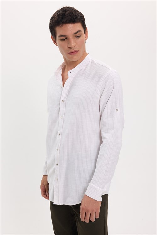 Erkek Slim Fit Dar Kesim Uzun Kollu %100 Pamuk Keten Doku Çizgili Hakim Yaka Gömlek