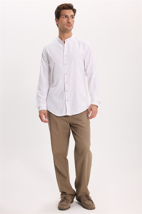 Erkek Slim Fit Dar Kesim Uzun Kollu %100 Pamuk Keten Doku Çizgili Hakim Yaka Gömlek
