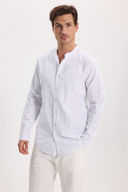 Erkek Slim Fit Dar Kesim Uzun Kollu %100 Pamuk Keten Doku Çizgili Hakim Yaka Gömlek
