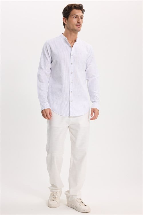 Erkek Slim Fit Dar Kesim Uzun Kollu %100 Pamuk Keten Doku Çizgili Hakim Yaka Gömlek