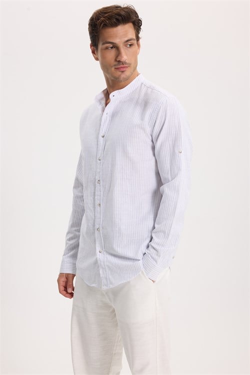 Erkek Slim Fit Dar Kesim Uzun Kollu %100 Pamuk Keten Doku Çizgili Hakim Yaka Gömlek
