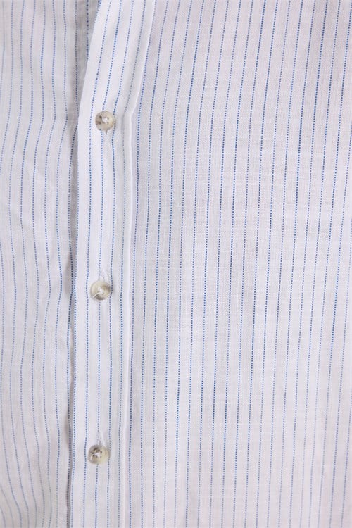 Erkek Slim Fit Dar Kesim Uzun Kollu %100 Pamuk Keten Doku Çizgili Hakim Yaka Gömlek