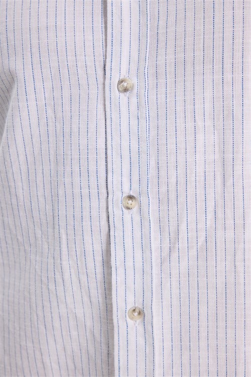 Erkek Slim Fit Dar Kesim Uzun Kollu %100 Pamuk Keten Doku Çizgili Hakim Yaka Gömlek