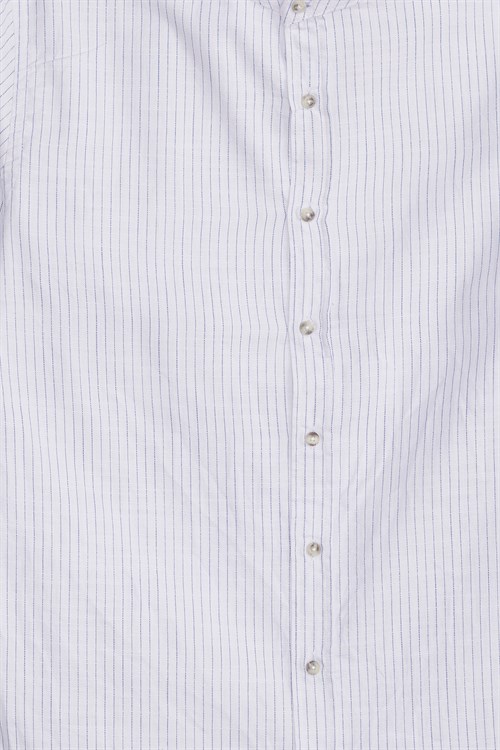 Erkek Slim Fit Dar Kesim Uzun Kollu %100 Pamuk Keten Doku Çizgili Hakim Yaka Gömlek