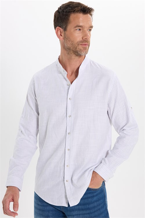 Erkek Slim Fit Dar Kesim Uzun Kollu %100 Pamuk Keten Doku Çizgili Hakim Yaka Gömlek
