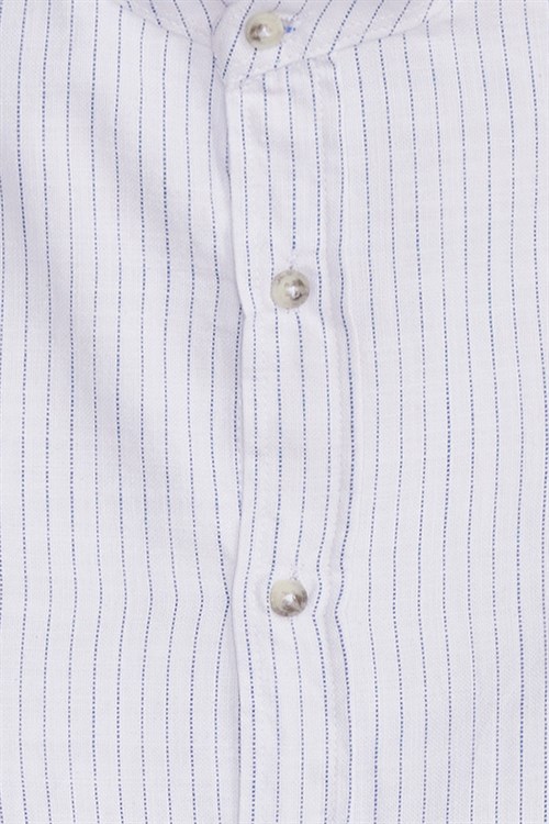 Erkek Slim Fit Dar Kesim Uzun Kollu %100 Pamuk Keten Doku Çizgili Hakim Yaka Gömlek