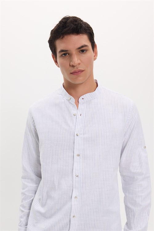 Erkek Slim Fit Dar Kesim Uzun Kollu %100 Pamuk Keten Doku Çizgili Hakim Yaka Gömlek