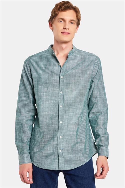 Erkek Slim Fit Dar Kesim Uzun Kollu %100 Pamuk Keten Doku Çizgili Hakim Yaka Gömlek