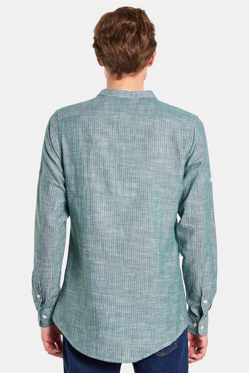 Erkek Slim Fit Dar Kesim Uzun Kollu %100 Pamuk Keten Doku Çizgili Hakim Yaka Gömlek
