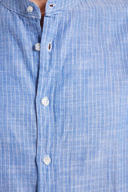 Erkek Slim Fit Dar Kesim Uzun Kollu %100 Pamuk Keten Doku Çizgili Hakim Yaka Gömlek