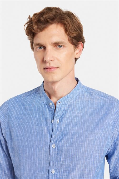 Erkek Slim Fit Dar Kesim Uzun Kollu %100 Pamuk Keten Doku Çizgili Hakim Yaka Gömlek