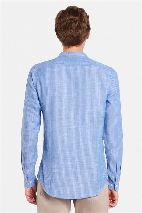 Erkek Slim Fit Dar Kesim Uzun Kollu %100 Pamuk Keten Doku Çizgili Hakim Yaka Gömlek