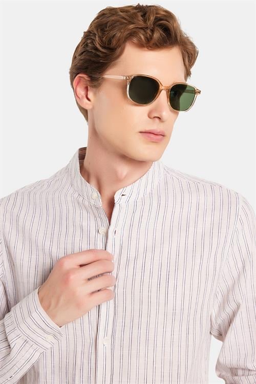 Erkek Slim Fit Dar Kesim Uzun Kollu %100 Pamuk Keten Doku Çizgili Hakim Yaka Gömlek