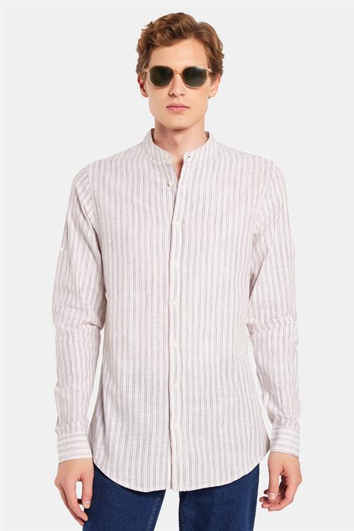 Erkek Slim Fit Dar Kesim Uzun Kollu %100 Pamuk Keten Doku Çizgili Hakim Yaka Gömlek