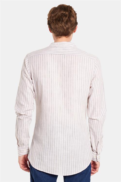 Erkek Slim Fit Dar Kesim Uzun Kollu %100 Pamuk Keten Doku Çizgili Hakim Yaka Gömlek