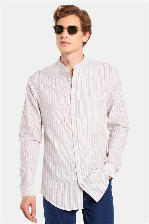 Erkek Slim Fit Dar Kesim Uzun Kollu %100 Pamuk Keten Doku Çizgili Hakim Yaka Gömlek