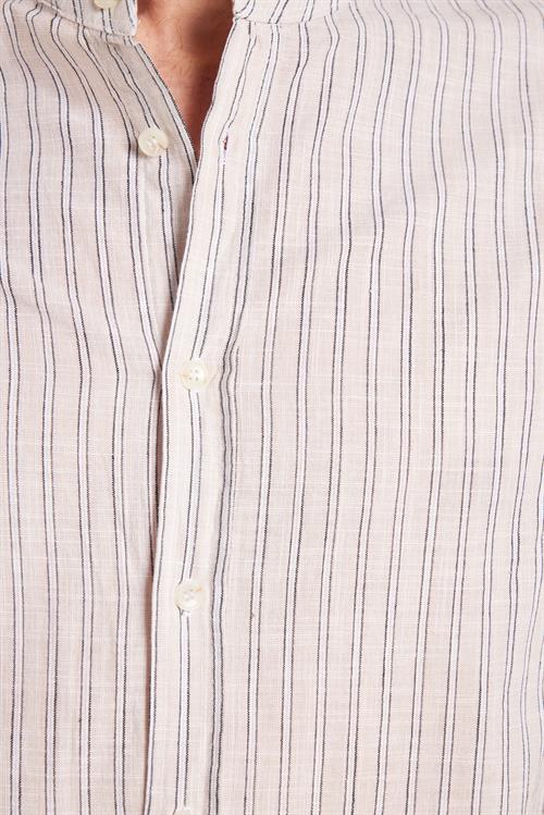 Erkek Slim Fit Dar Kesim Uzun Kollu %100 Pamuk Keten Doku Çizgili Hakim Yaka Gömlek