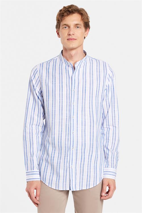 Erkek Slim Fit Dar Kesim Uzun Kollu %100 Pamuk Keten Doku Çizgili Hakim Yaka Gömlek