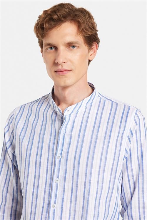 Erkek Slim Fit Dar Kesim Uzun Kollu %100 Pamuk Keten Doku Çizgili Hakim Yaka Gömlek