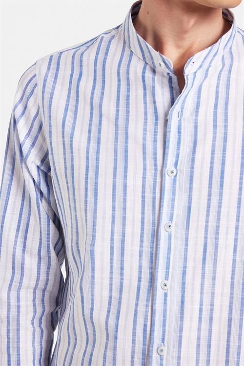 Erkek Slim Fit Dar Kesim Uzun Kollu %100 Pamuk Keten Doku Çizgili Hakim Yaka Gömlek