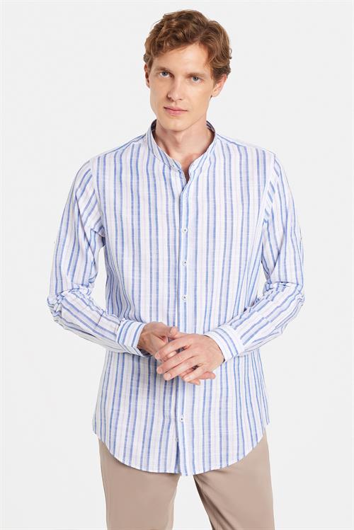 Erkek Slim Fit Dar Kesim Uzun Kollu %100 Pamuk Keten Doku Çizgili Hakim Yaka Gömlek