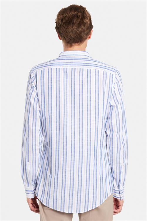 Erkek Slim Fit Dar Kesim Uzun Kollu %100 Pamuk Keten Doku Çizgili Hakim Yaka Gömlek